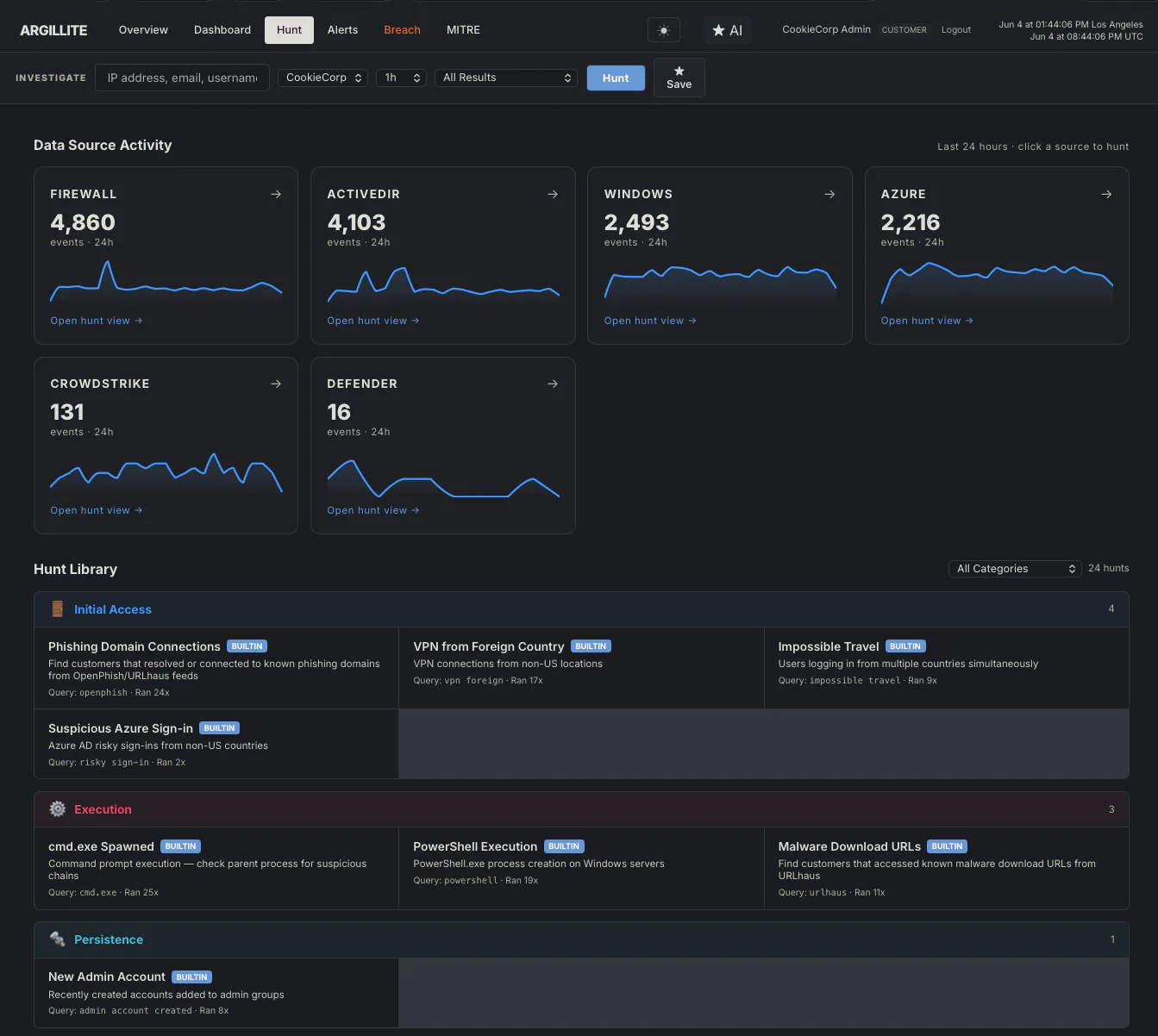 Argillite hunt view showing live event counts across firewall, Active Directory, Windows, Azure, CrowdStrike, and Defender, plus a built-in hunt library