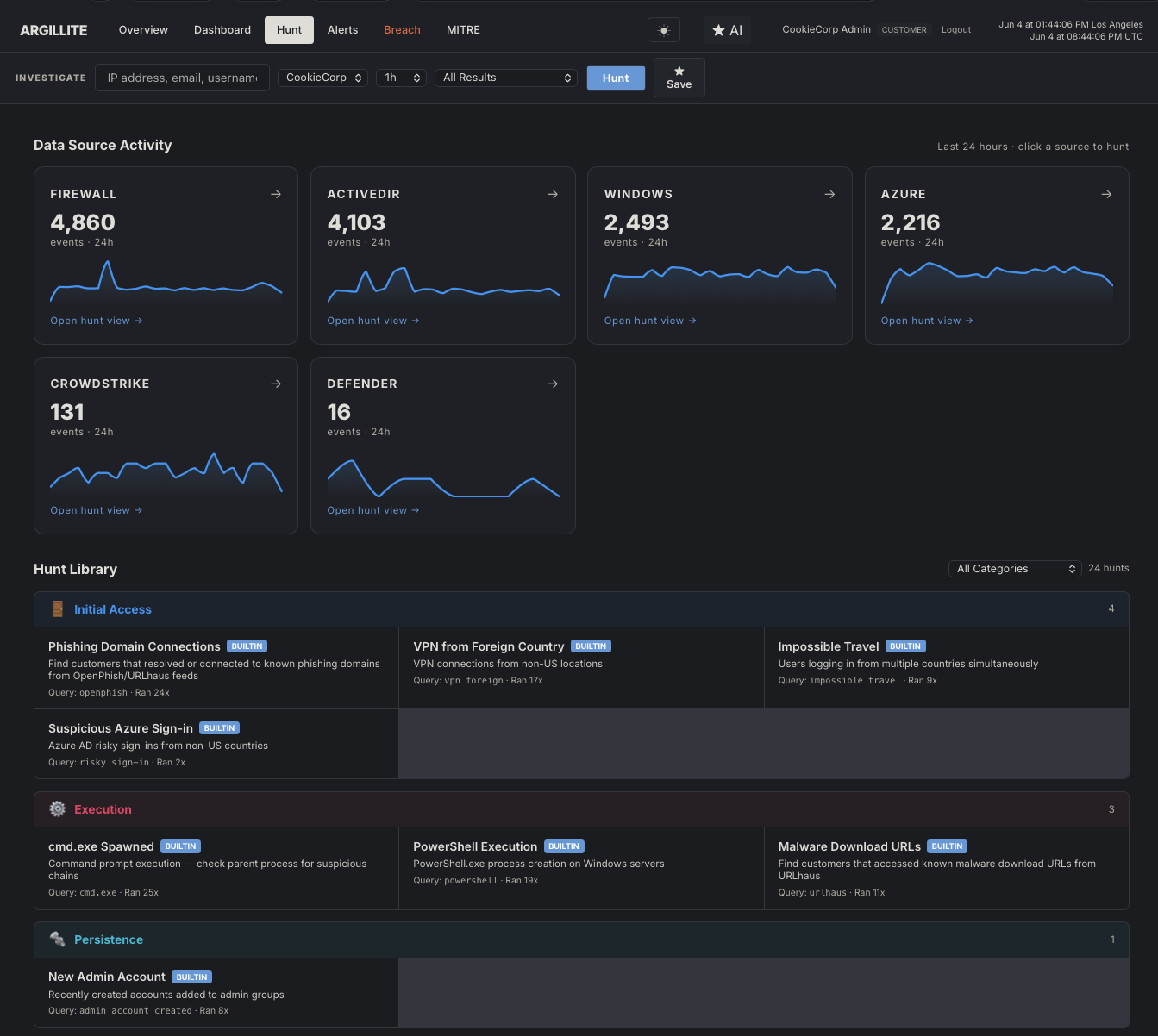 Argillite hunt view showing live event counts across firewall, Active Directory, Windows, Azure, CrowdStrike, and Defender, plus a built-in hunt library