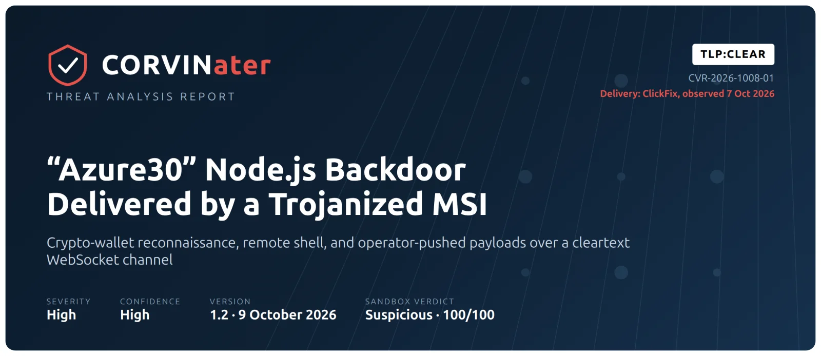 CORVINater threat analysis report CVR-2026-1008-01: "Azure30" Node.js backdoor delivered by a trojanized MSI. TLP:CLEAR, severity high, confidence high.