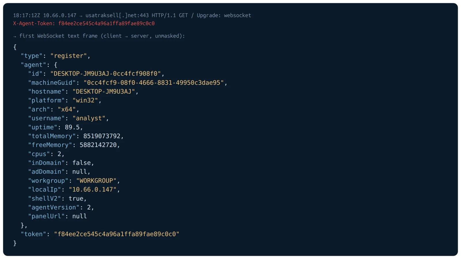 Captured first WebSocket register message sent by the backdoor to its C2 server.