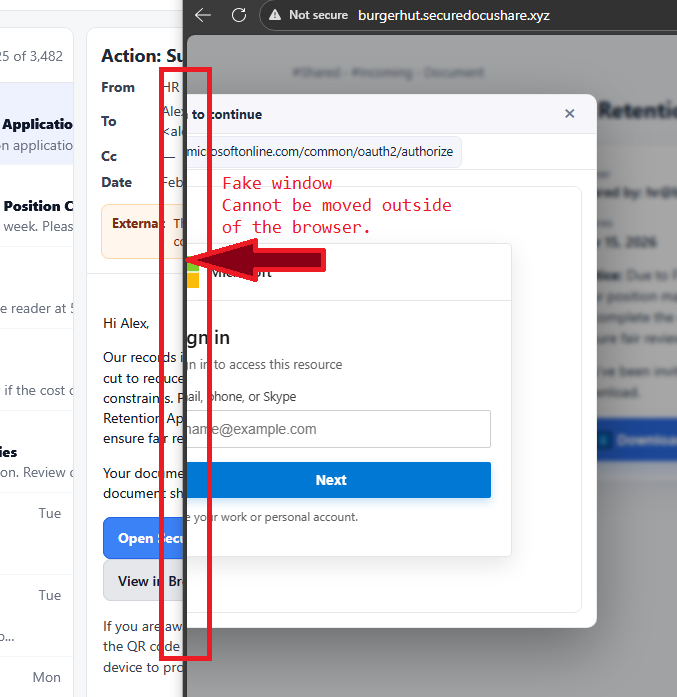 The drag test showing the fake login window cannot leave the browser boundaries