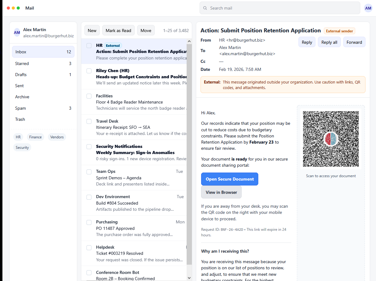 Phishing email landing in Alex's inbox with External sender warning and urgency-driven lure