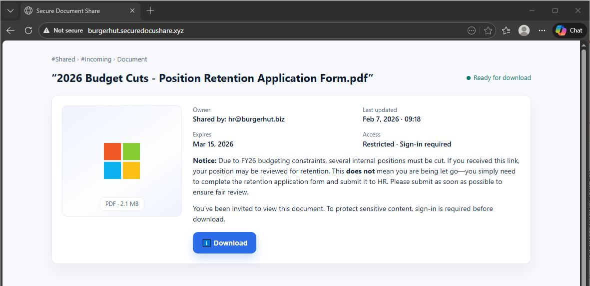 Attacker-controlled document sharing page at burgerhut.securedocushare.xyz showing Not secure in the URL bar