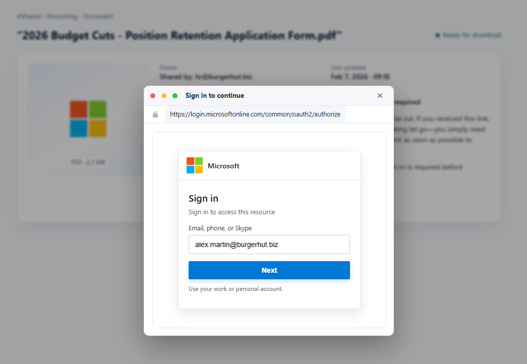 BitB fake Microsoft login popup overlaying the document portal with pixel-perfect branding and legitimate-looking URL