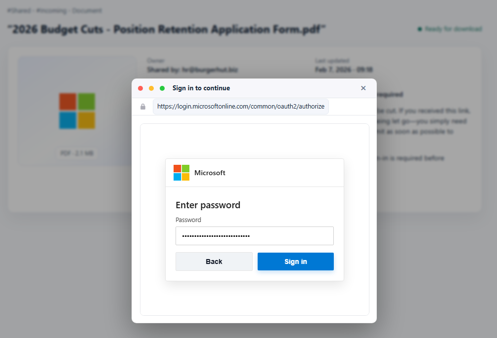 Password entry step of the fake Microsoft login form accepting credentials