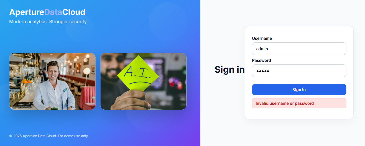 Admin login attempt fails on ApertureDataCloud