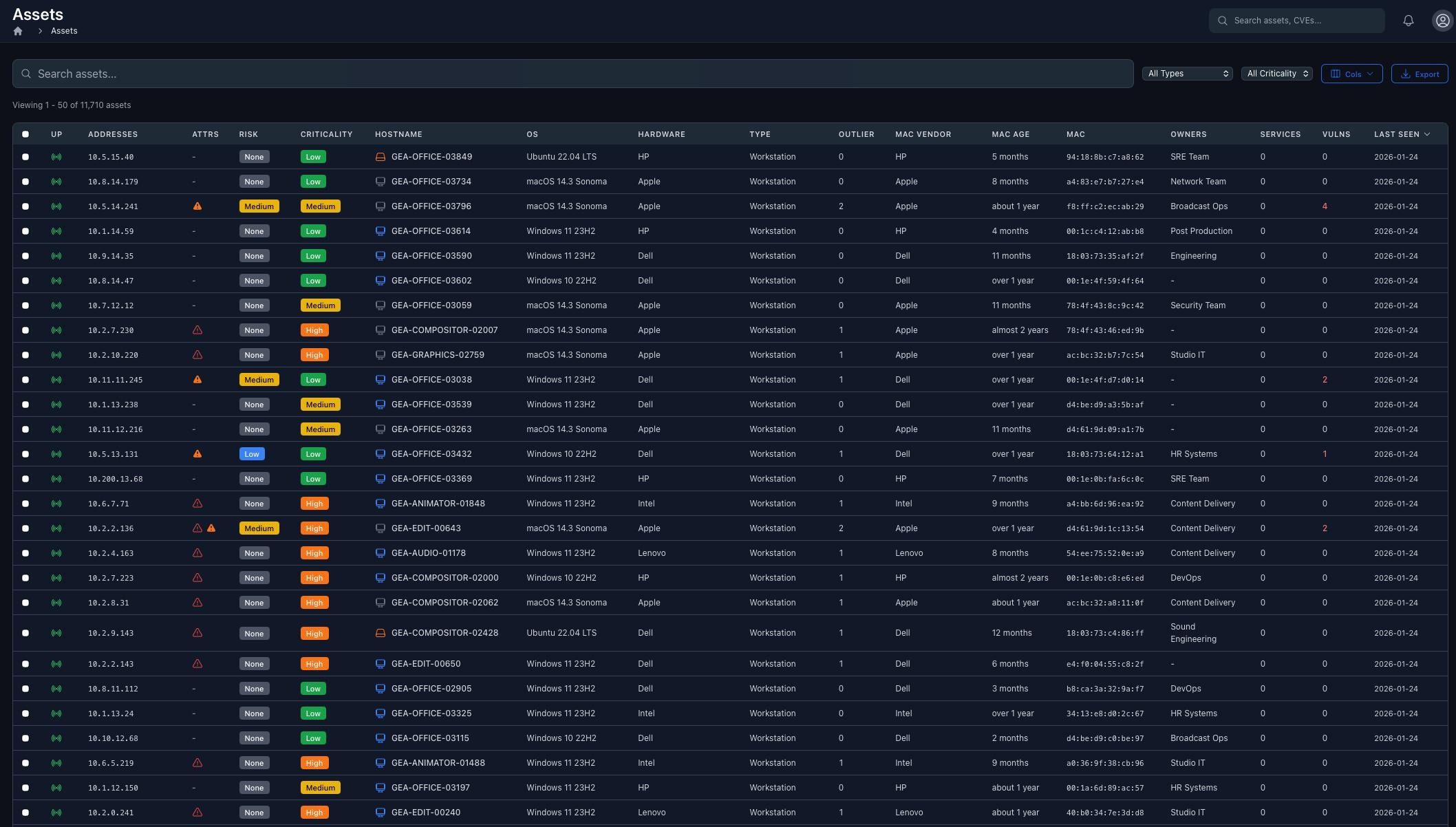 Geiger Assets inventory view showing 11,710 assets