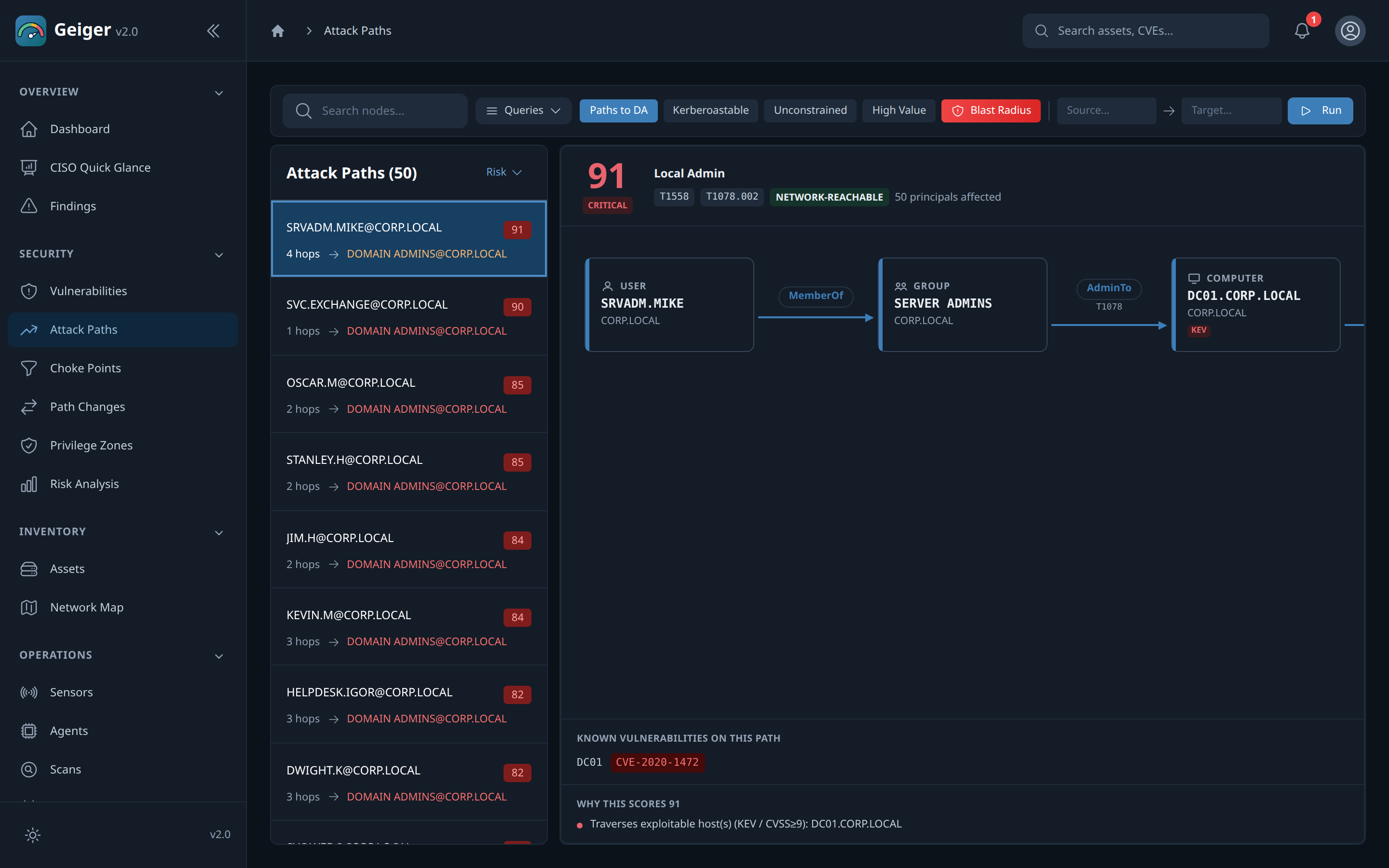 A GEIGER attack path, four hops from a foothold to Domain Admin