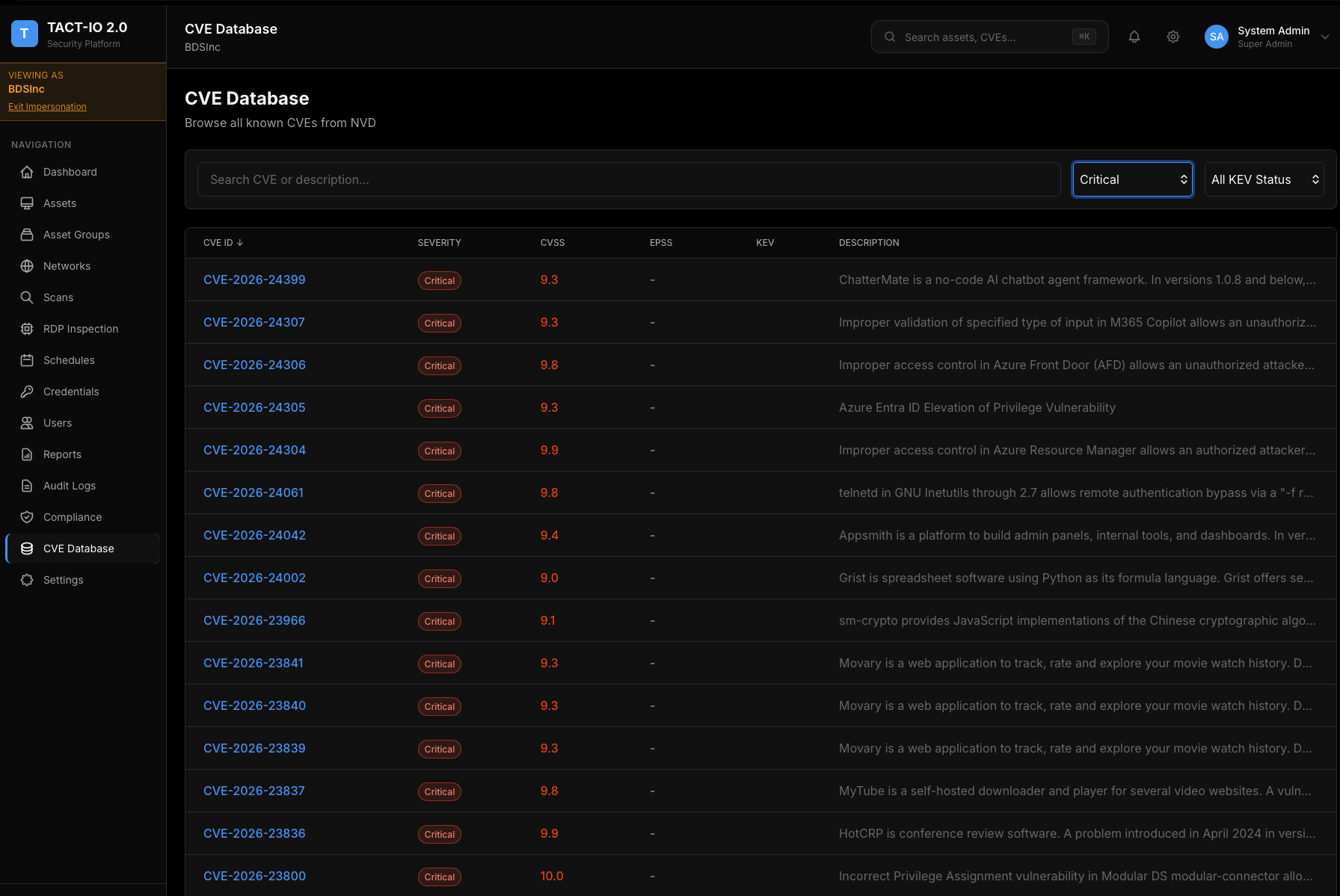 TACT-IO CVE Database showing critical vulnerabilities with CVSS scores